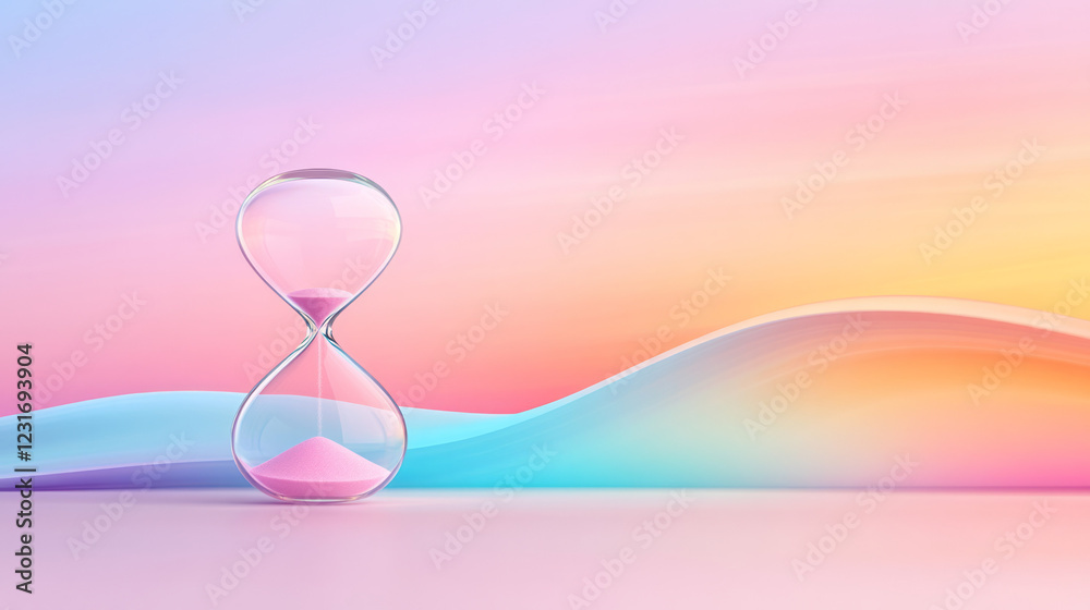 Poster a serene composition with a floating hourglass in front of a blurred background, its vivid sand form