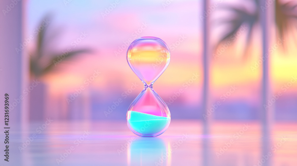Poster a serene composition with a floating hourglass in front of a blurred background, its vivid sand form
