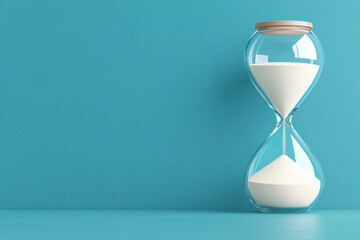 An elegant design focusing on an hourglass placed on a reflective tabletop, the gradient sand forming waves as it descends, capturing a sense of calm and reflection,