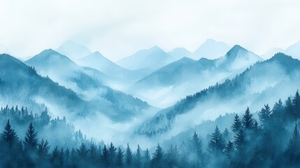 Watercolor of landscape forest misty mountains horizon and fog and hills,pine tree fir tree,Autumn forest background,drawn by hand,Autumn illustration design elements for landscape,wallpaper.