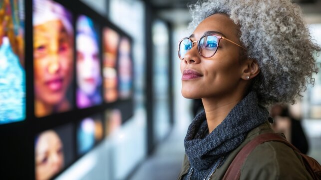 Mature African woman viewing art gallery. Ideal for cultural appreciation and artistic lifestyle content.