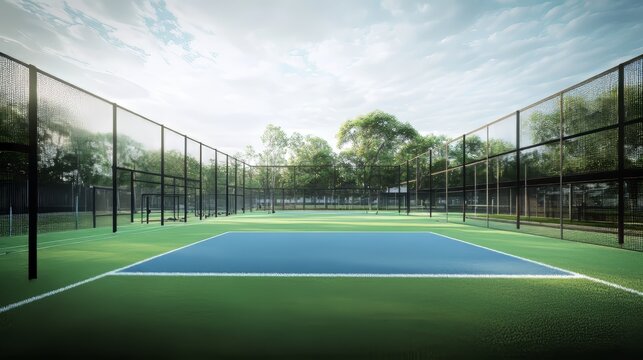 Modern cricket net practice facility with synthetic pitches surrounded by lush greenery and trees