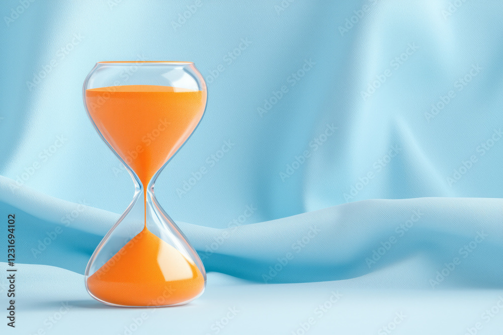 Poster a minimalist closeup of an hourglass with bold orange sand standing out against a cool-toned setting