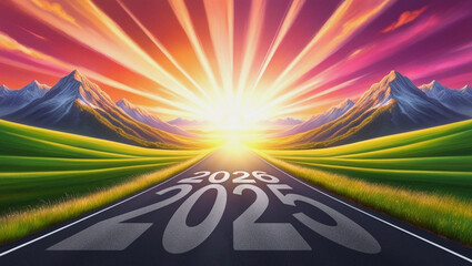 2025-2026 Written on the road on an empty bridge. Concept for future vision. Illustration created by AI.