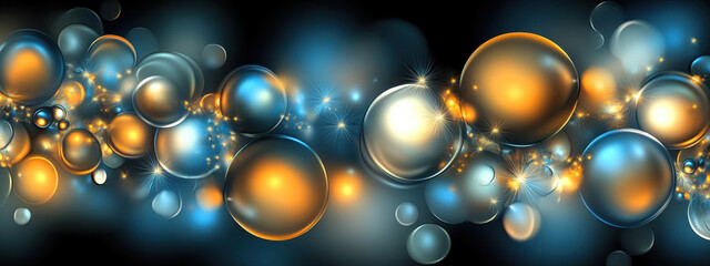 abstract depiction of universe with swirling bubbles and glowing orbs, showcasing vibrant colors of blue, gold, and silver, creating mesmerizing cosmic effect