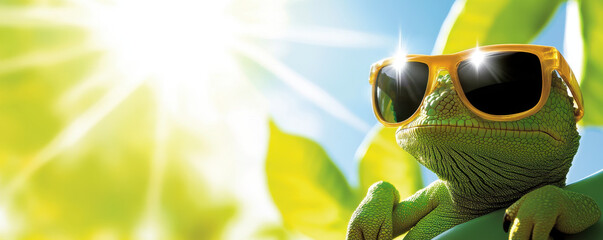 Funky chameleon wearing sunglasses, basking in sun among green leaves, exuding cool and relaxed vibe © MT Gallery