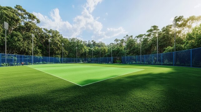 Photorealistic cricket net practice facility surrounded by lush greenery and protective netting