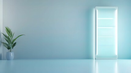 A minimalist interior featuring a sleek, illuminated shelf and a potted plant against a light blue wall, creating a modern and serene atmosphere.
