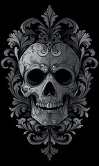 Ornate Skull with Floral Design  Dark Gothic Art  Black Background