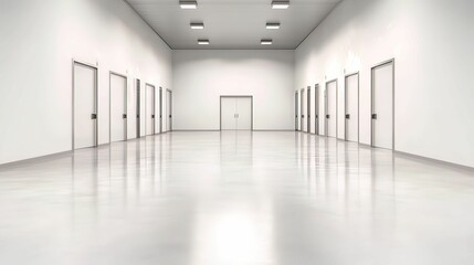 Obraz premium A modern, spacious corridor features multiple doors on either side, with bright lighting and a polished floor, creating a clean, minimalist atmosphere.