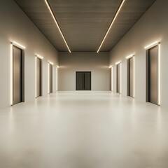 A modern, minimalist hallway featuring multiple doors with sleek lighting, creating a spacious and inviting ambiance.