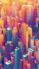 Obraz premium A dynamic, colorful cityscape featuring tall skyscrapers in a futuristic urban environment, bathed in warm sunset hues.