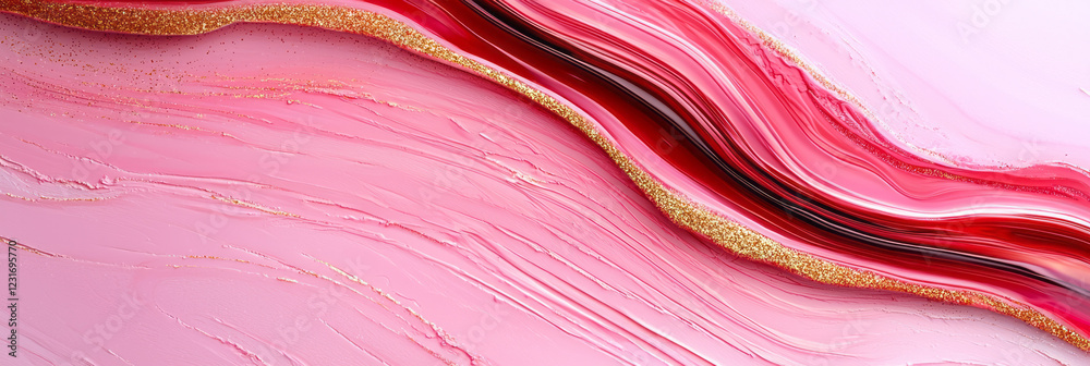 Poster an artistic closeup where swirling pink and red layers dominate, while sharp black lines and glitter