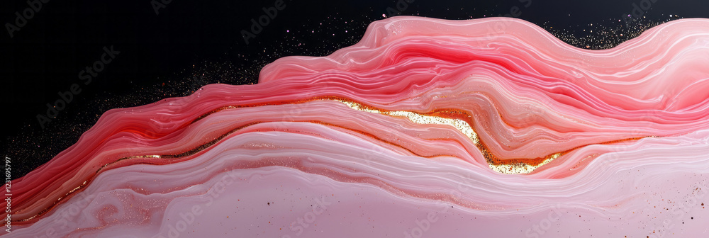Poster an artistic closeup where swirling pink and red layers dominate, while sharp black lines and glitter