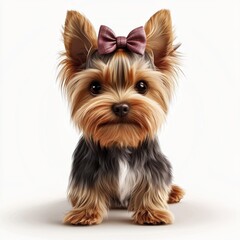 small Yorkshire Terrier with silky fur and a stylish bow on its head, centered on a clean white background