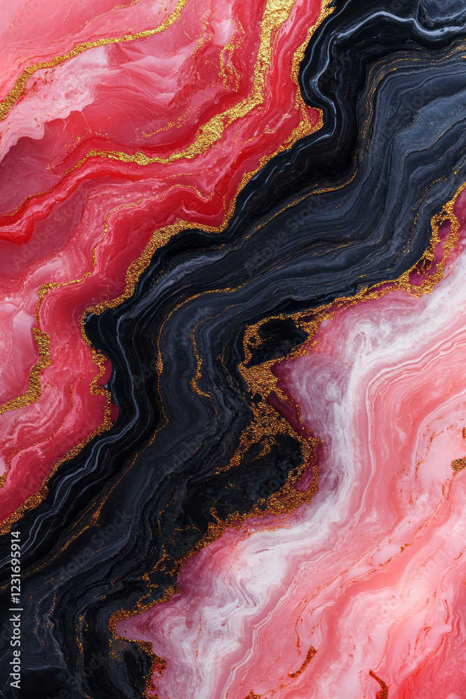 Aufkleber A dynamic overhead swirl capturing the fluid motion of black paint veins through a field of red and pink, with glints of metallic gold dust,