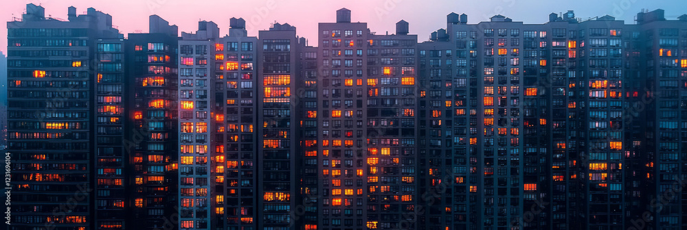 Poster a minimalist shot of tall buildings silhouetted at twilight, with faint yet comforting glimmers in t