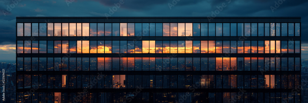 Poster A minimalist shot of tall buildings silhouetted at twilight, with faint yet comforting glimmers in the windows adding depth to the cityscape,