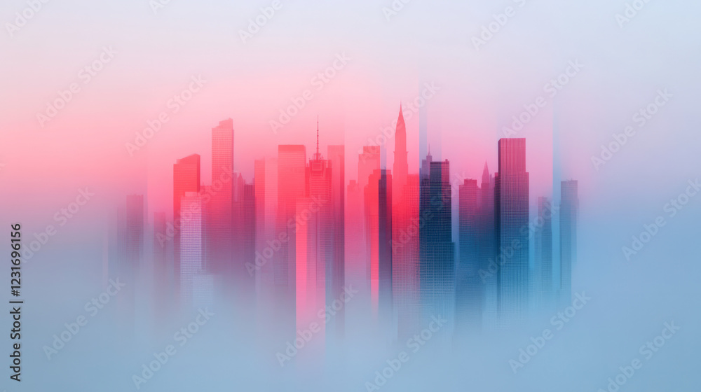 Poster an artistic depiction of a hazy downtown skyline, captured through a reflective surface, highlightin