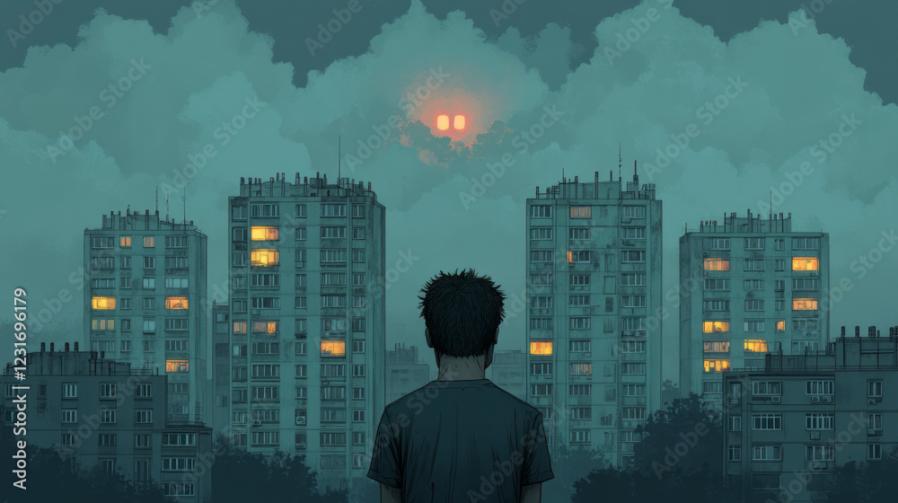 Aufkleber a softly focused panorama featuring dusky clouds above a cluster of high-rises, each lit window shim