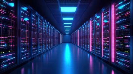 Fototapeta premium Servers glowing in data center hallway