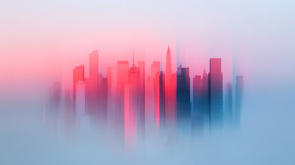Fototapeta premium An artistic depiction of a hazy downtown skyline, captured through a reflective surface, highlighting the subtle glow from apartment windows,