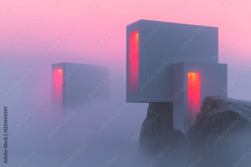 Poster an ethereal depiction of looming structures against a peach-colored sunset, accentuating soft window