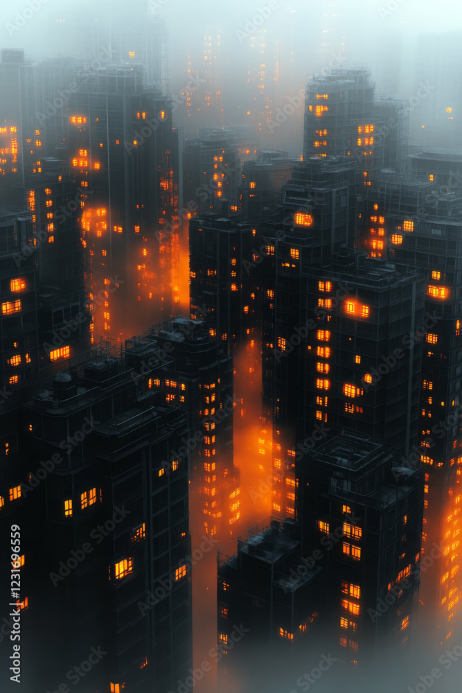 Aufkleber a high-resolution close-up zooming in on a hazy skyline, faintly revealing windows bathed in gentle 