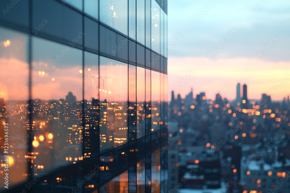 Poster A panoramic twilight view showing blurred building edges and warm-lit windows that appear like scattered stars across the steel and glass,