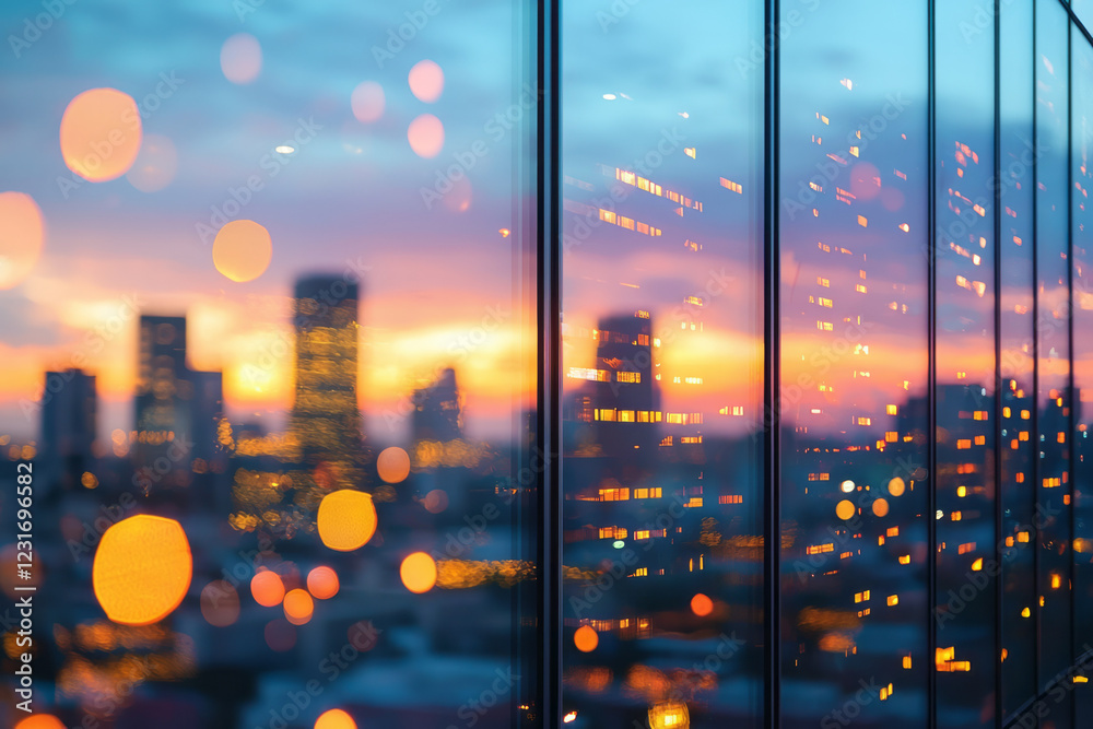 Poster A panoramic twilight view showing blurred building edges and warm-lit windows that appear like scattered stars across the steel and glass,
