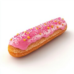Strawberry-filled eclair with pink icing and sprinkles, placed on a bright white background