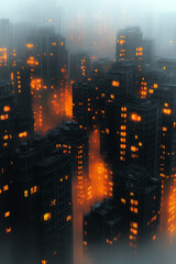 Fototapeta premium A high-resolution close-up zooming in on a hazy skyline, faintly revealing windows bathed in gentle yellow luminescence,