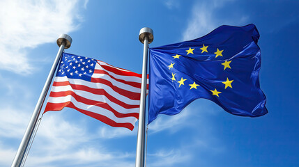 USA and EU flags flapping in blue sky, symbolizing unity and cooperation