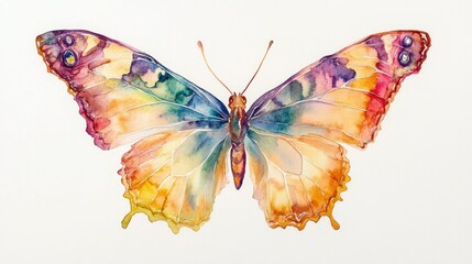Fototapeta premium A beautiful watercolor butterfly with detailed rainbow wing patterns, set on a crisp, pure white background.