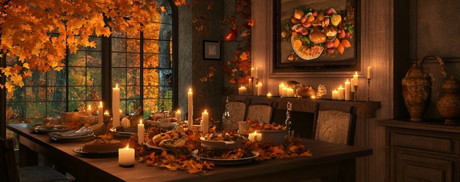 Thanksgiving Dinner Gathering cozy dining room with fall leaves, candles, and a delicious Thanksgiving feast  5:2 --no noise white background - Image #2 @jouni