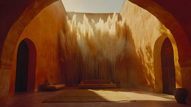 Desert Courtyard Sand plumes fill a sunlit Moroccan courtyard.  Use Interior design, travel