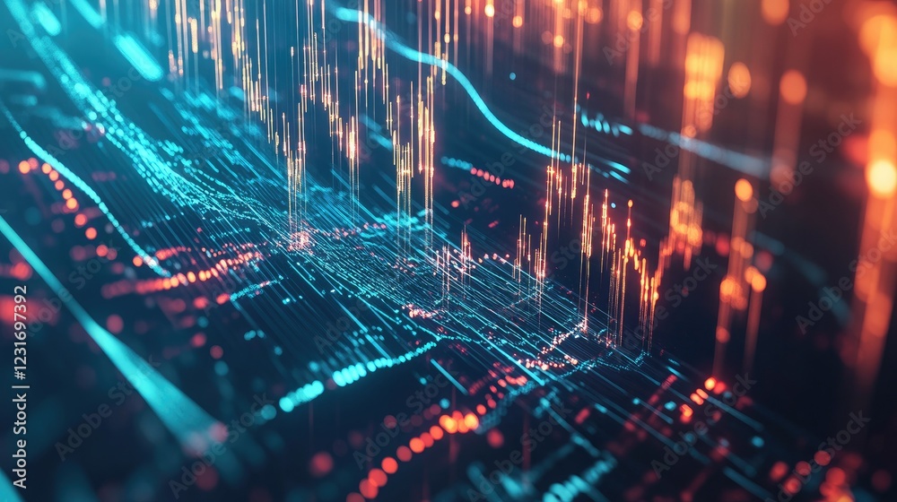 Poster luminous data patterns and abstract waves blending into a seamless futuristic design