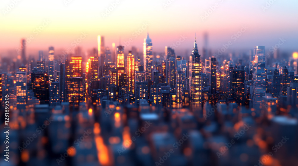 Leinwandbilder a cinematic angle of tall urban blocks fading into a soft blur, emphasizing pockets of glowing warmt