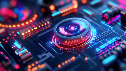 Fototapeta premium Close-up of a futuristic circuit board with colorful lights.