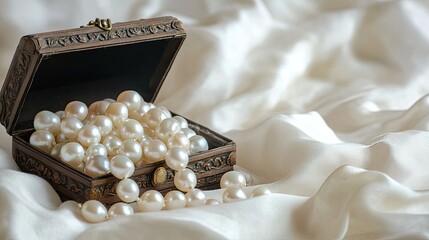 Lustrous pearls spilling out of a small, antique jewelry box onto a soft white fabric with plenty of copy space