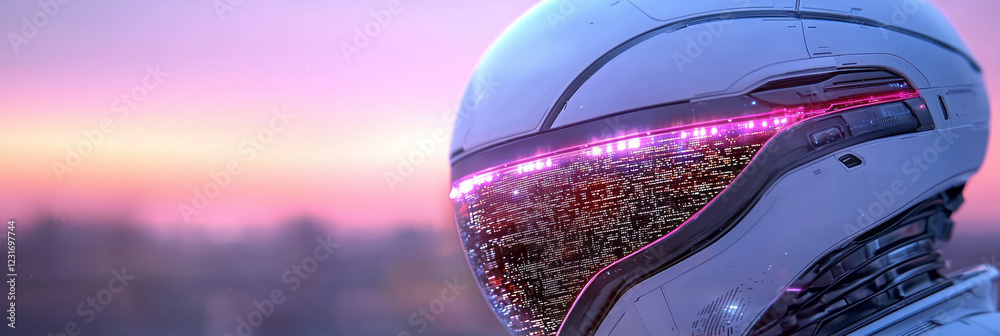 Poster A dynamic close-up view of a humanoid robotâ€™s reflective visor capturing the glowing city lights beneath the dusky horizon,