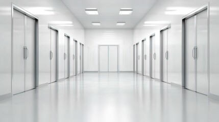 Fototapeta premium A modern, minimalistic corridor featuring multiple elevator doors, illuminated by bright ceiling lights, creating a spacious and clean atmosphere.