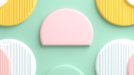 Colorful geometric shapes in pastel colors arranged on a mint green background creating a playful visual composition