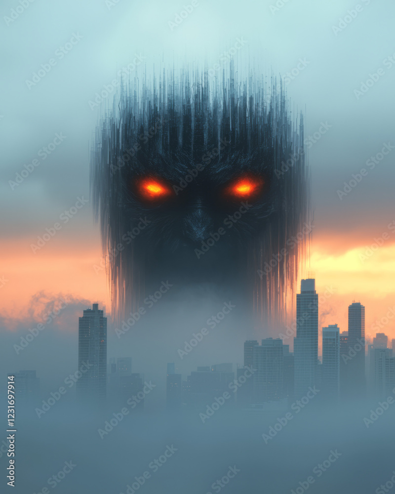 Aufkleber a dramatic low-angle scene where the robotâ€™s silhouette dominates the foreground, with the cityâ€™