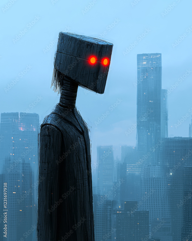 Poster A dramatic low-angle scene where the robotâ€™s silhouette dominates the foreground, with the cityâ€™s towering high-rises fading into a warm twilight,