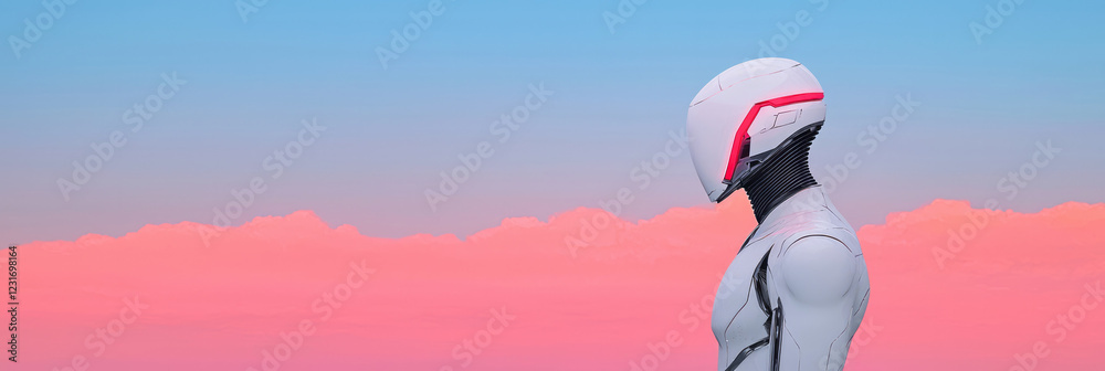 Poster A stylized composition blending smooth metallic limbs of the android with the softened dusk clouds, creating a tranquil yet futuristic mood,