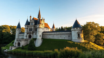 Fototapeta premium Majestic castle reflecting golden sunlight at sunset
