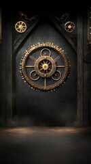 Obraz premium A dark, industrial background featuring a large, intricate gear wheel adorned with smaller gears, evoking a steampunk aesthetic.