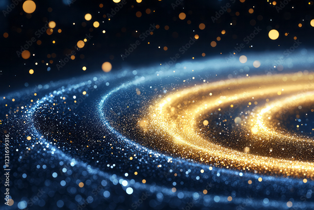Poster a radiant abstract illustration with shimmering gold sparkles drifting across a sapphire-blue canvas