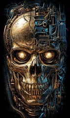 Fototapeta premium Metallic Skull Robot Futuristic Cyborg AI Machine Head